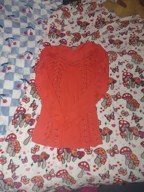 VENUS Orange Lace-Up Long Sleeve Blouse